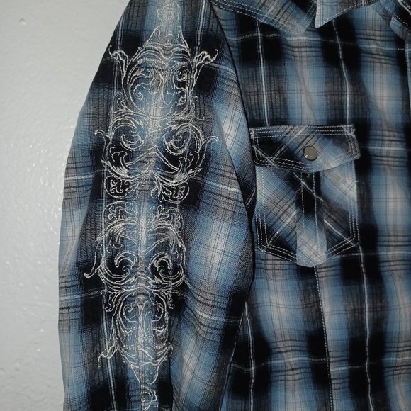 Western plaid button down women’s medium Panhandle Slim blue white silver black - Picture 3 of 11